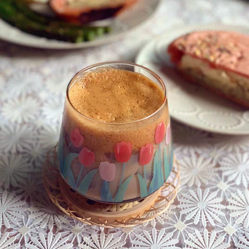 

Norbi Glass Cup Print Tulip Flower Glass Cup Tea Coffee Milk Drink Cup Cocktail Drink Mug Home Office Bar Drinkware 400ml