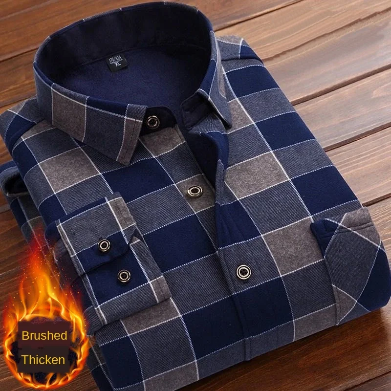 Spring Winter Men's Long Sleeve Plaid Flannel Fur Lined Thick Work Shirts fleece warm long sleeve shirt for men dress shirts