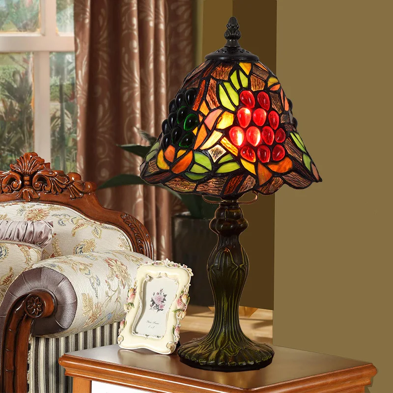 

American Creative Vintage Tiffany Colored Glass Bedroom Bedside Grape Creative Personality Grape 20cm Small Desk Lamp