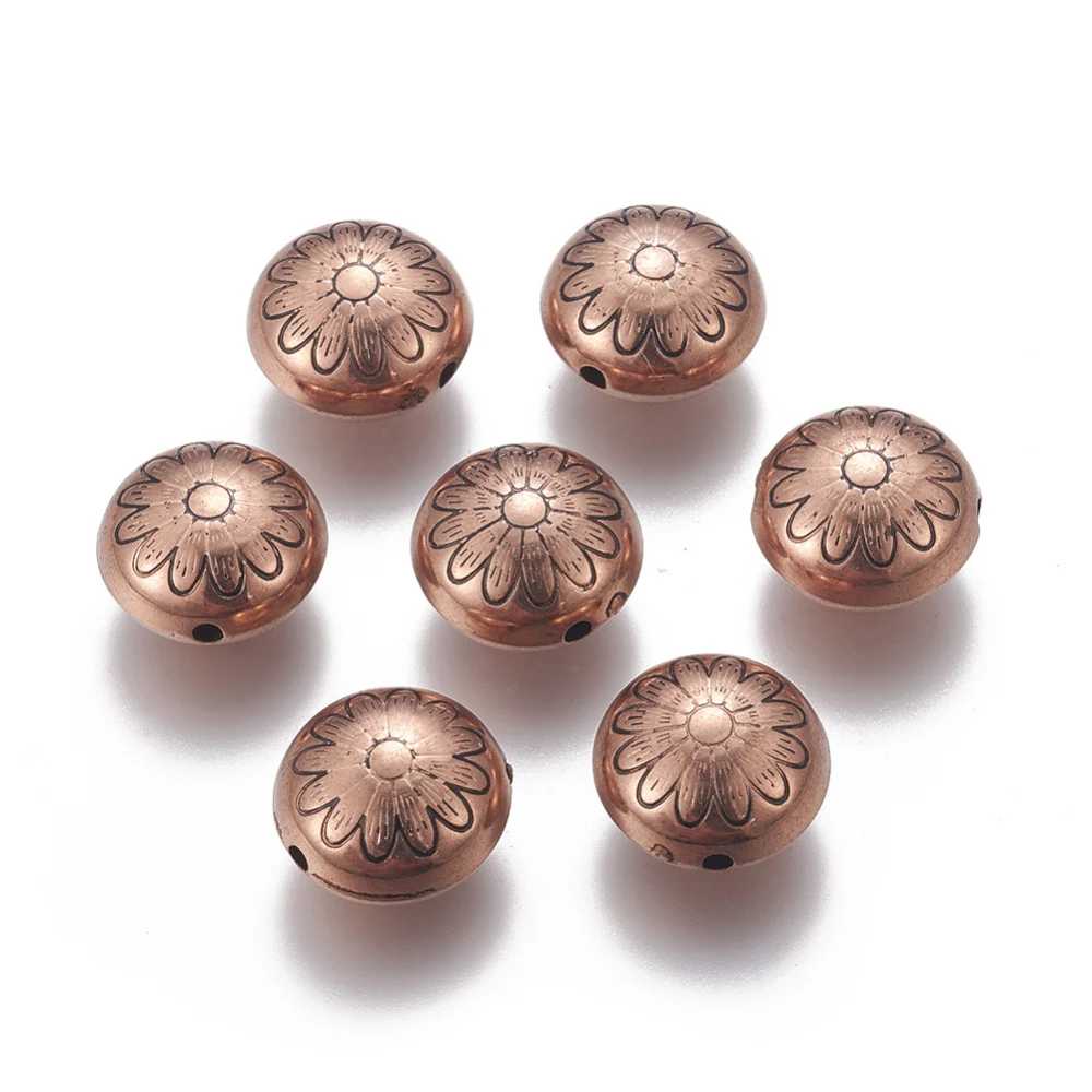 

20PCS CCB Plastic Carved Flower Flat Round Beads Red Copper 15x9.5mm Hole: 1mm