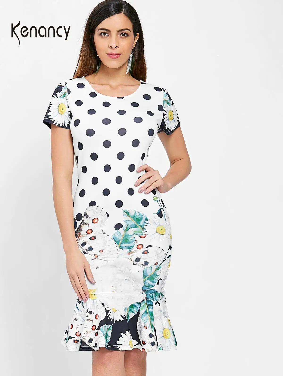 Элегантное женское платье Kenancy в горошек с принтом бабочек и оборками на подоле