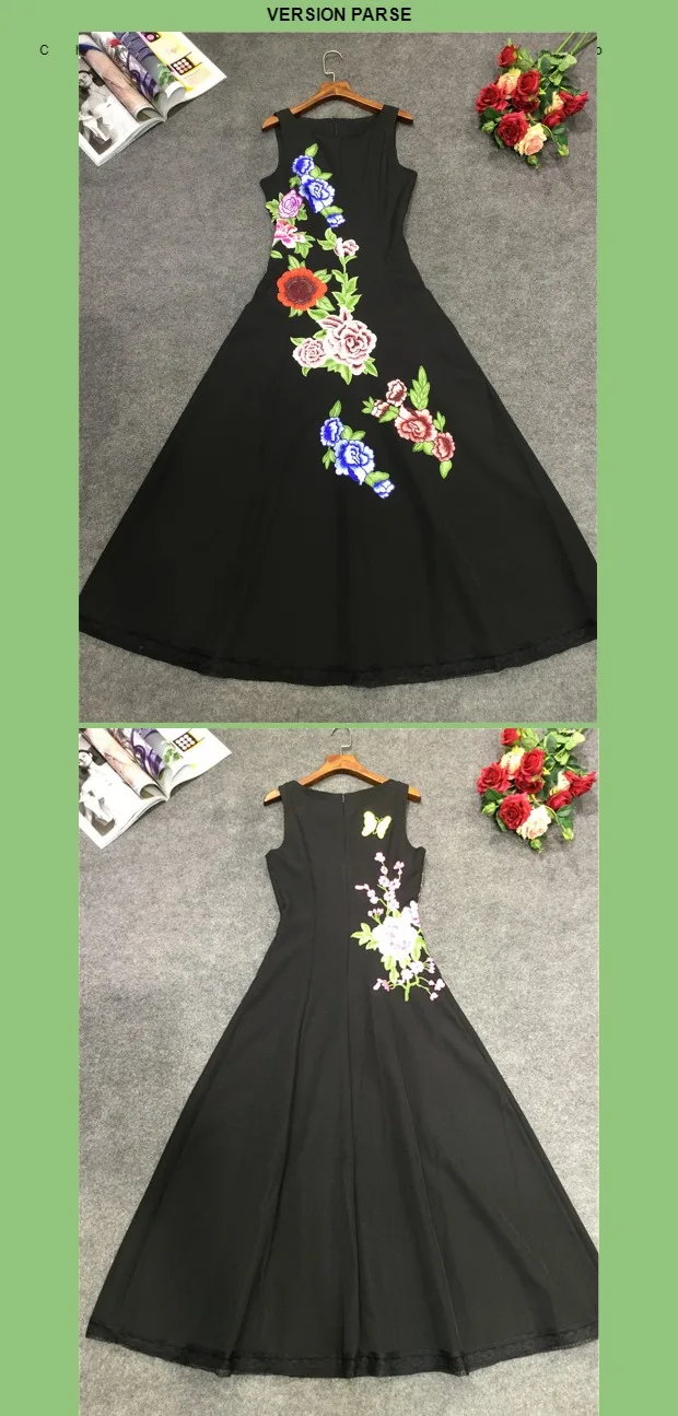 Модное шоу Moda Цветочные Vestidos de Festa Sem Mangas das Mulheres Do винтажные Flor Preto Bordado Vestido longo