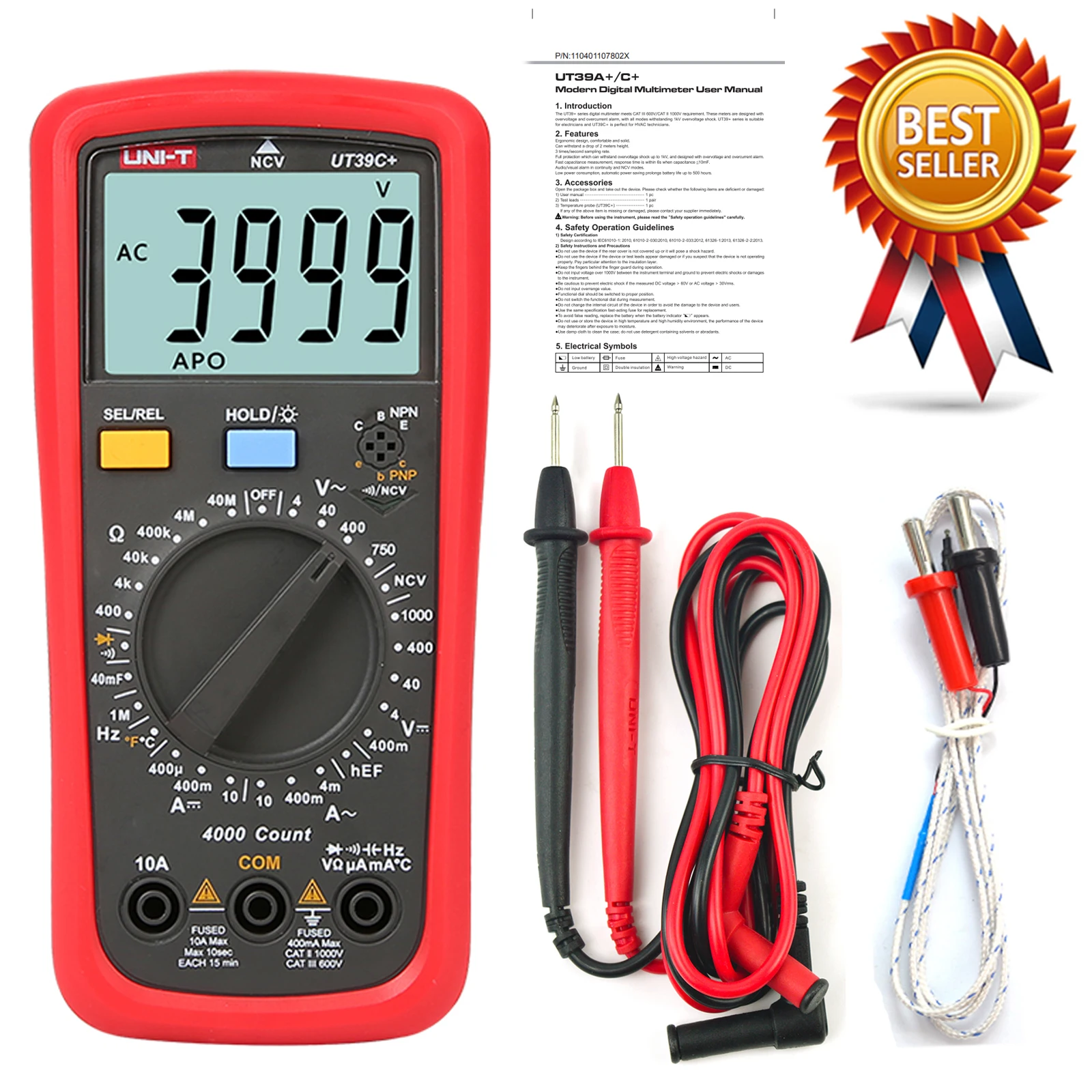 UNI T UT39C + ЖК цифровой мультиметр постоянного/переменного напряжения измеритель
