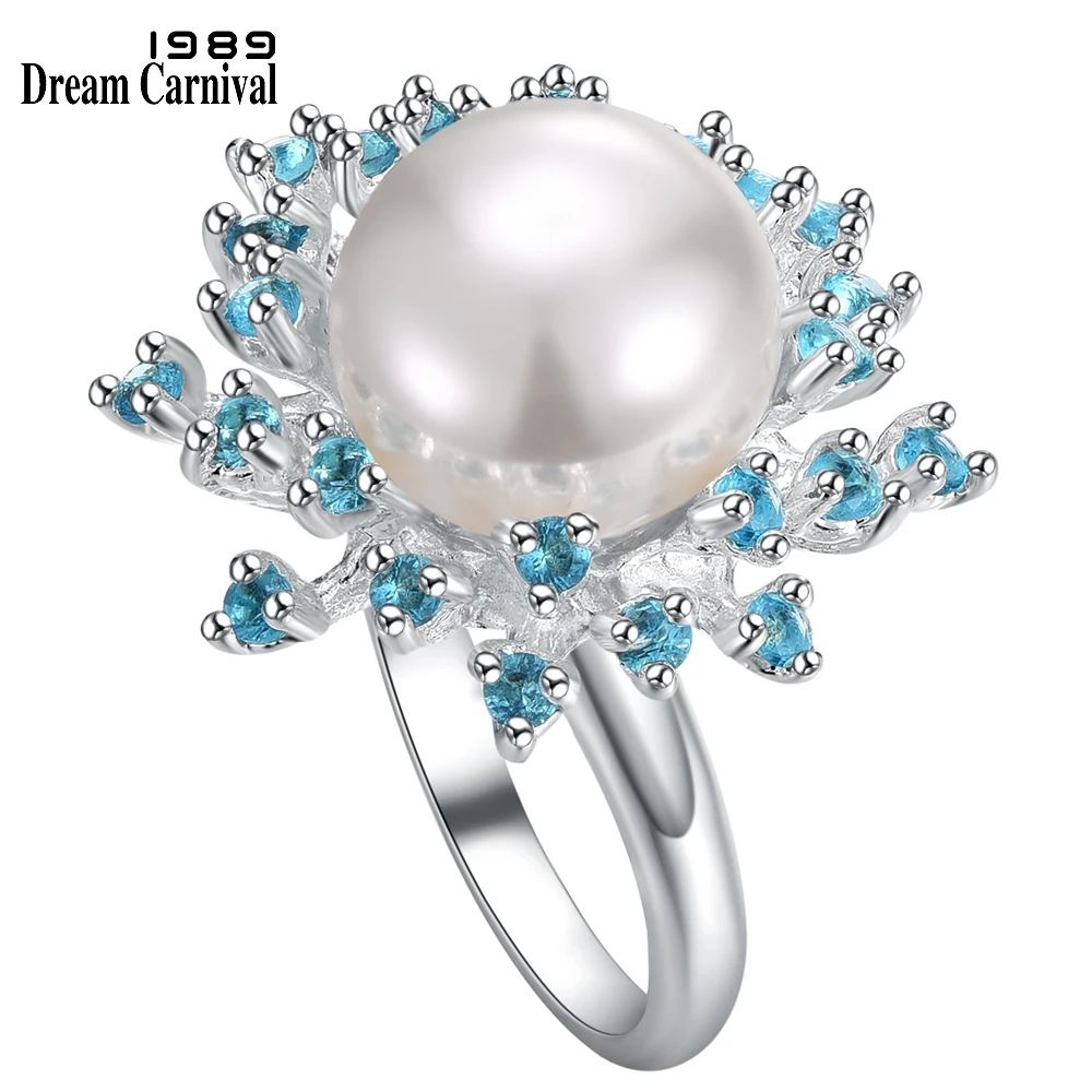 

Dreamcarnival1989 Women Ring Blossom Sun Flower Wedding Valentine Jewelry Aquamarine Zircon 12mm White Pearl Wife Gift WA11719S