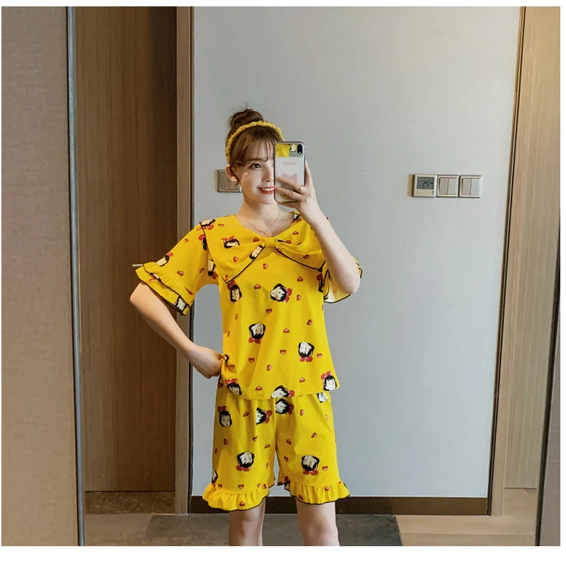 

Women Pajama Sets Print Pijama Sleepwear Lady Short Sleeve Summer Nightwear Femme 2 Pieces Homewear