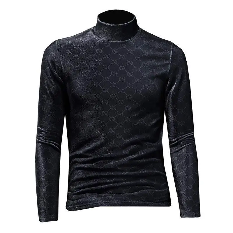 

Autumn and Winter Men 's Fleece -Lined Thickened T-shirt Trendy Gold Velvet Half Turtleneck Letters