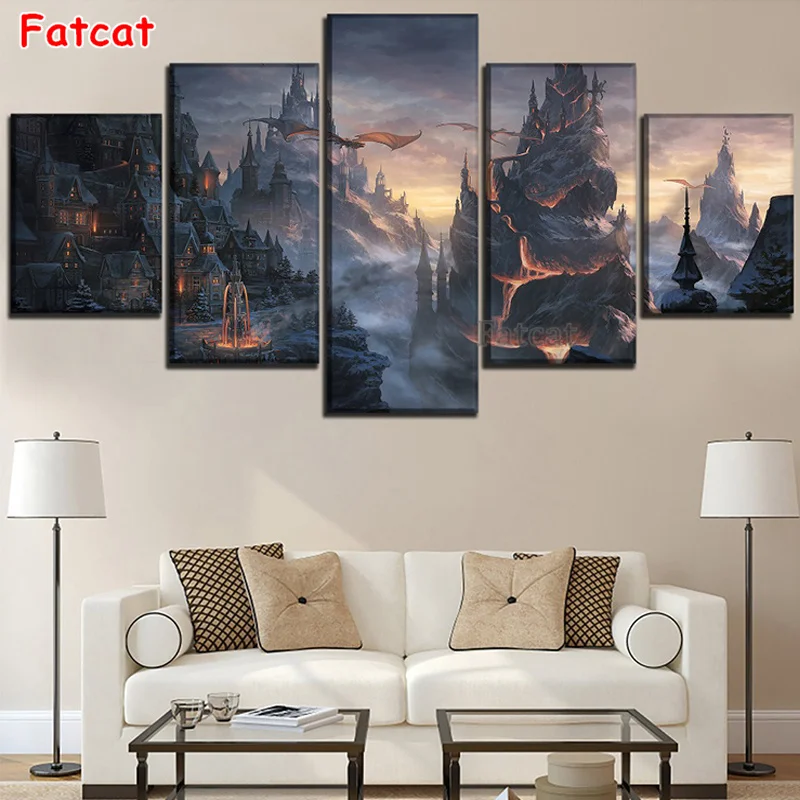 

Dragon House 5 piece pictures 5D diy Diamond painting mosaic square round drill embroidery cross stitch wall hanging PP186