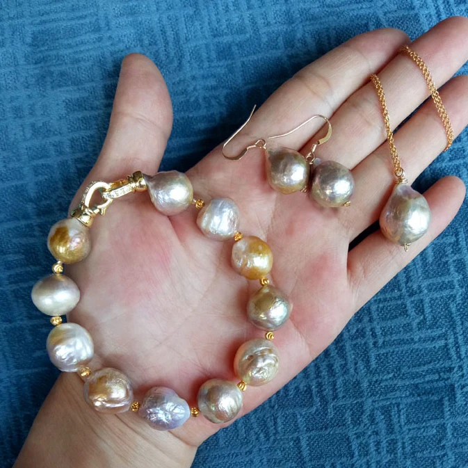 Fashion irregular natural White purple 11-14MM baroque edison shaped pearl earrings bracelet pendant necklace 40CM set | Украшения и
