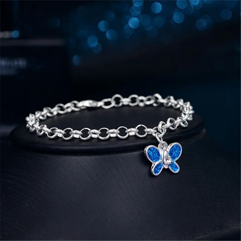 

Women's Fashion Silver Color Butterfly Bracelets Blue Opal Hand Chain for Cocktail Party Crystal Bracelet Gems Fine Jewelry Gift