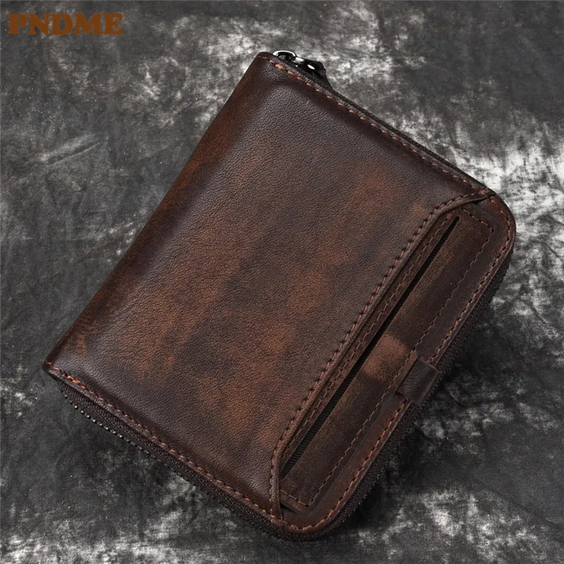 

vintage natural genuine leather men's women's short wallet simple casual real cowhide zipper teens ID card holder coin purse