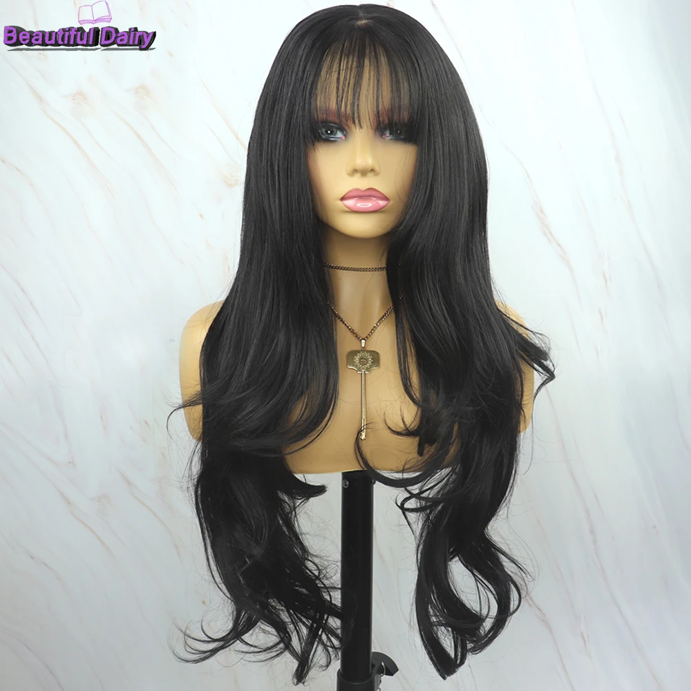 Beautiful Diary Long Body Wavy Black Wigs Futura Hair 13x4 Synthetic Lace Front Wigs Heat Resistant Lace Front Wigs With Bangs