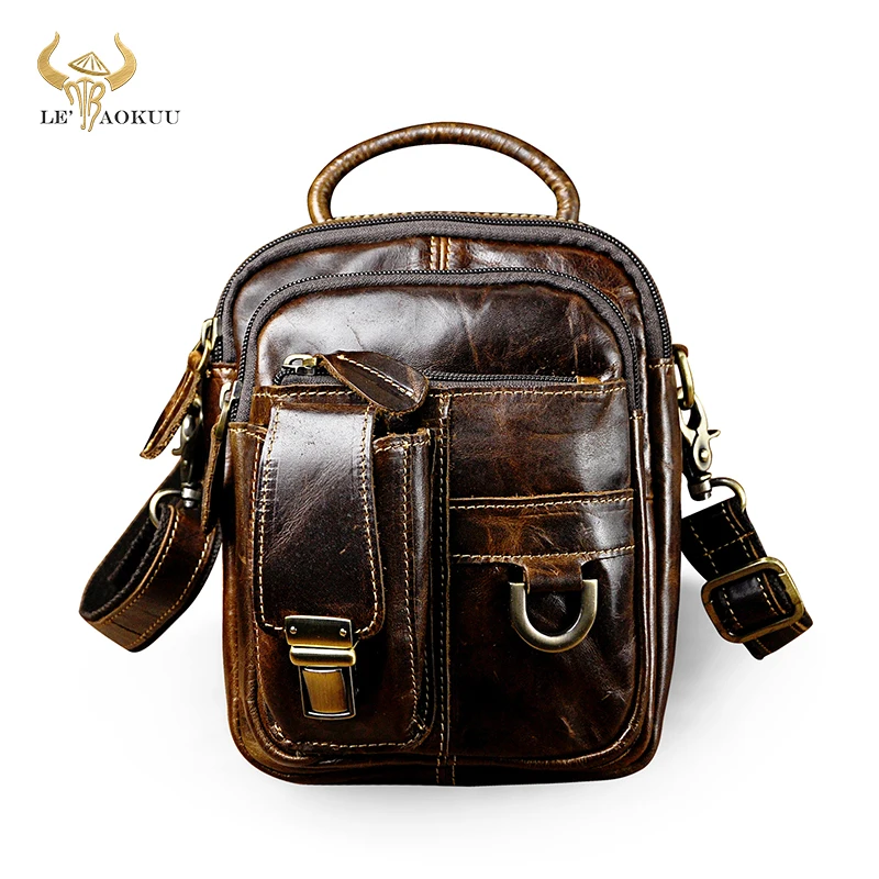 

Square Coffee Genuine Leather Male Multi-function Fanny Waist Belt bag Design Satchel Tote Messenger Cross-body bag For Men 3004