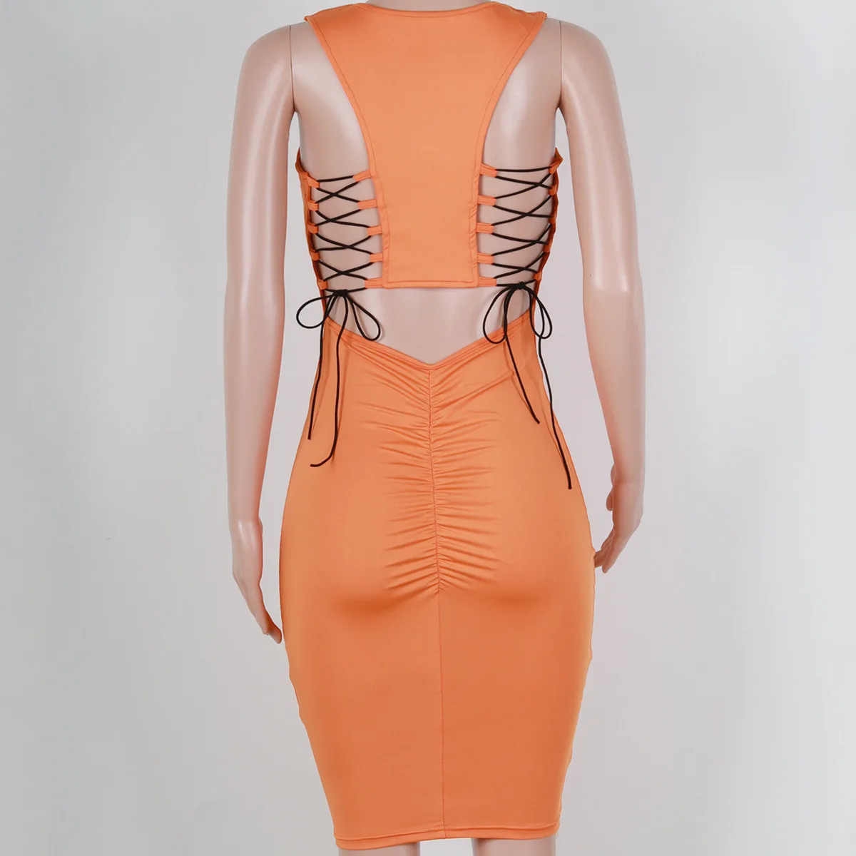 

BacklakeGirls Sexy Lace Up Back Drawstring Ruched Women Cocktail Dress Bandage Backless Bodycon Mini Party Dresses Robe Femme