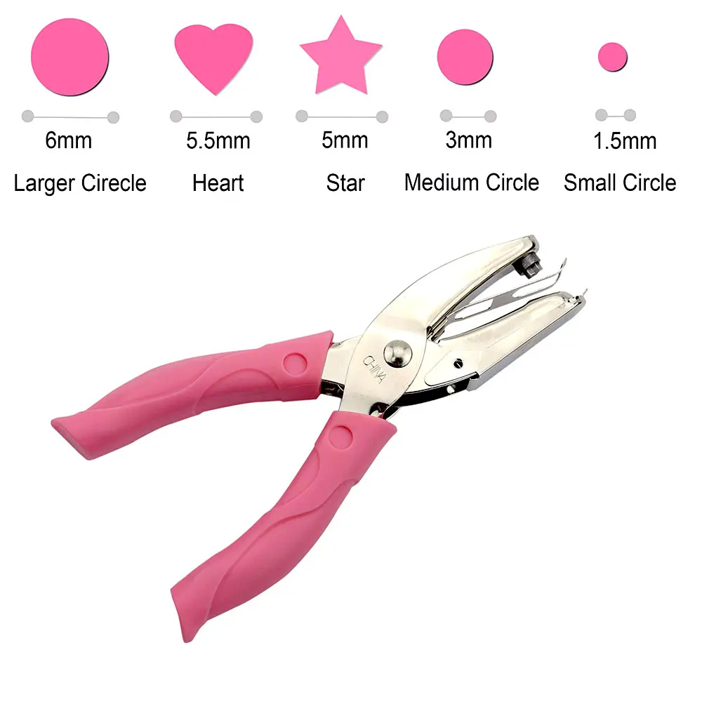 

IZTOSS Handheld Metal Single Hole Paper Punch Puncher with Pink Grip for DIY Craft (Circle, Star, Heart)
