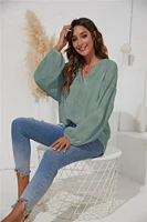 women office lady front buttons green blouse lantern sleeve sexy v neck solid high street pullover 2021 autumn new fashion tops
