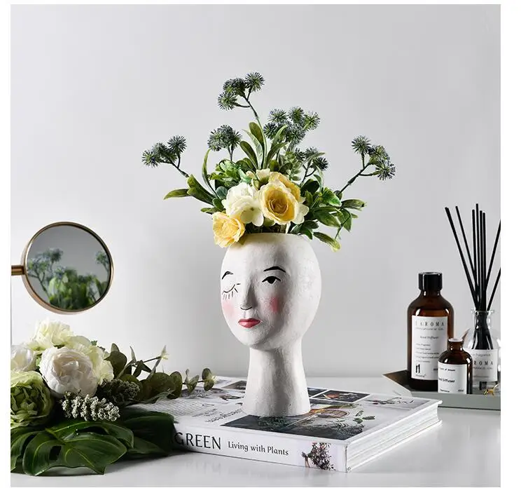 European Resin Vase Head Portrait Sculpture Flower Pot Decoration Ornaments Home Livingroom Office Desktop Furnishing Crafts Art