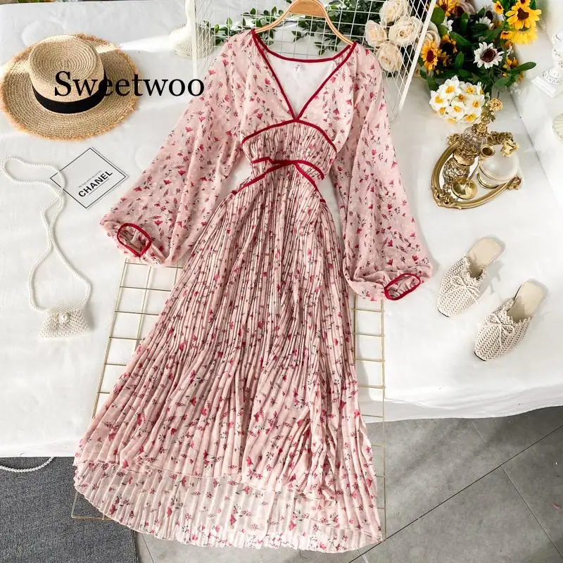 

Holiday Dress Ins Hot Sexy V Neck Waist Slim Fairy Sweet Lantern Sleeve Floral Long Sleeve Dress 2020 Fashion Women Clothes