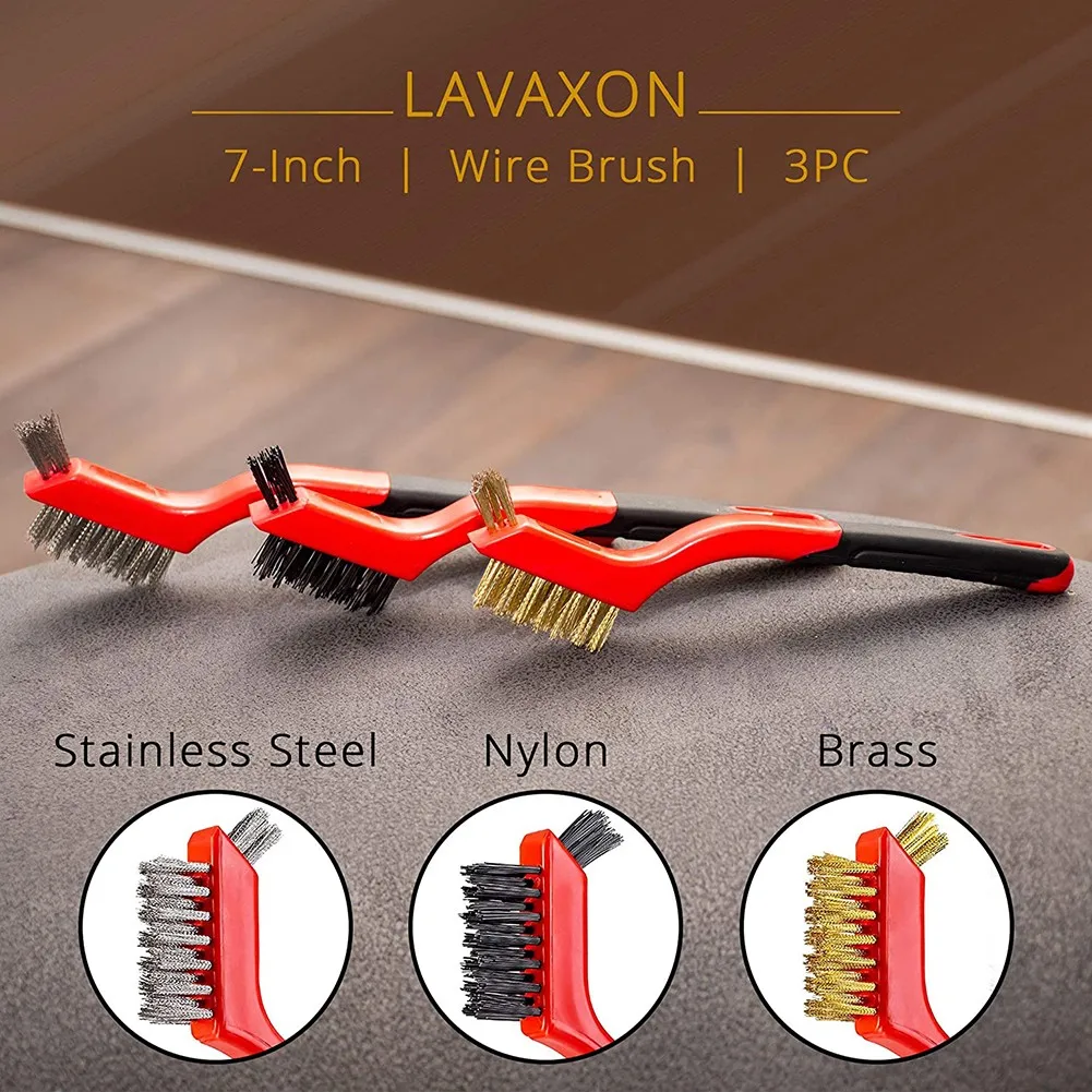 

7inch 3pcs. Wire Brushes Cleaning Nylon/Brass/Stainless Steel Bristles