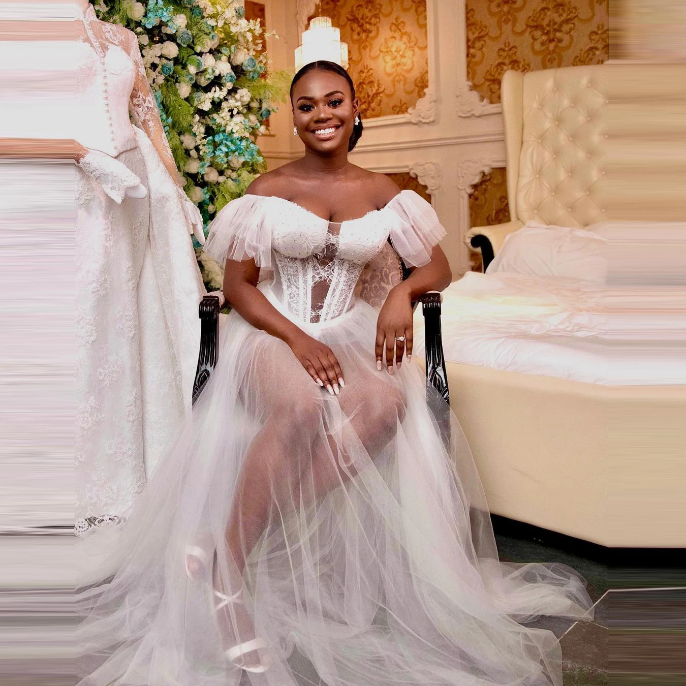 

Пикантные прозрачные под традиционное платье Aso Ebi для душа платья Кепки рукава Прозрачная трапециевидной формы Тюль Свадебные вечерние Де...