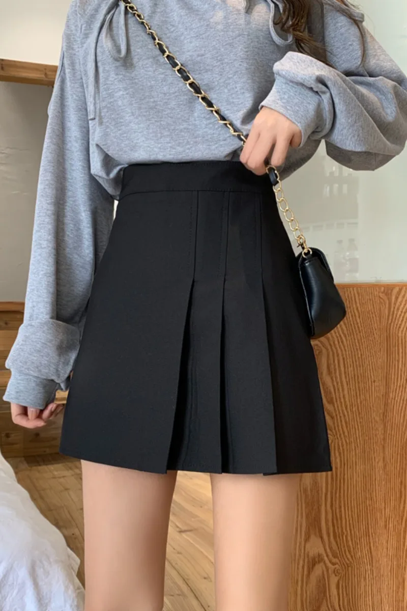 

Early spring skirt 2021 new design high waist slim A-line short skirt student BLACK PLEATED SKIRT