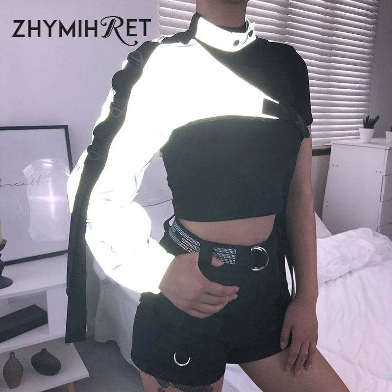 ZHYMIHRET Reflective One Shoulder Halter T Shirt Women Bag Buckle 2019 Autumn Neon Crop Top Long Sleeve Tshirt Female Streetwear