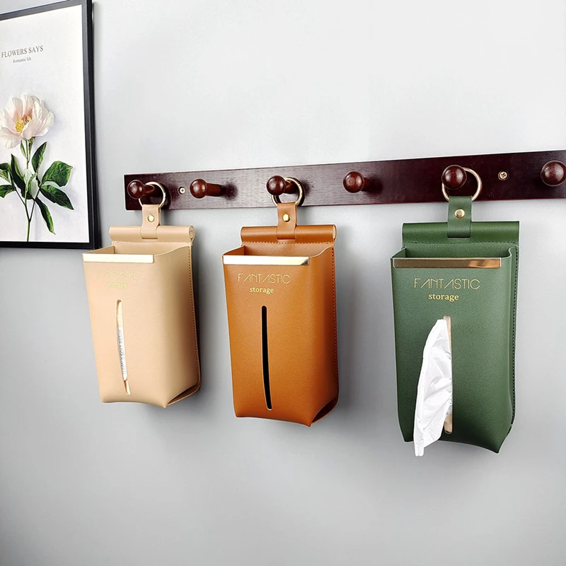 

PU Leather Hanging Tissue Box Bag Kitchen Napkin Papers Case Container Living Room Bathroom Toilet Wall-Mounted Storage Boxes