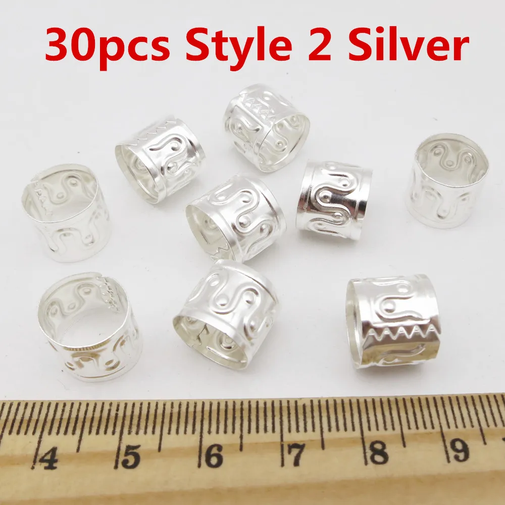 30pcs Style 2 Silver 30 шт-50 шт большие регулируемые серебряные/золотые волосы оплетка дреды бусины манжеты кольца для зажимов трубка около 12 мм Отверстие аксессуары - Цвет: 30pcs Style 2 Silver