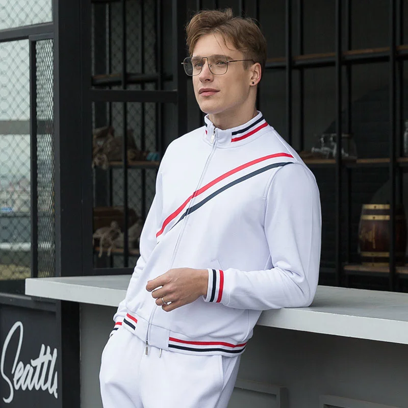

2021 Fashion TB THOM Brand Sweatershirts Men Jacket Striped White Clothing Stand Collar Baseball Uniform Casual Sportswear Coat