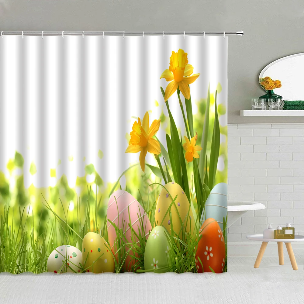 

Easter Spring Scenery Shower Curtains Colored Egg Bunny Flowers Green Plant Cross Bathroom Decor Waterproof Hooks Curtain Set