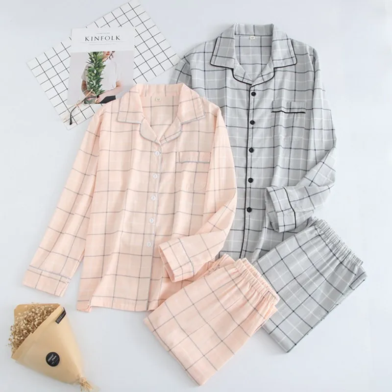 

Autumn 100% Cotton Women Pajamas Sets with Pants Long Sleeve Turn-down Collar with Pocket Lattice Pyjama Loungewear Sleepwear