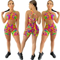 summer new style womens clothing cute fashion casual sports tie dye printed shorts two piece suit