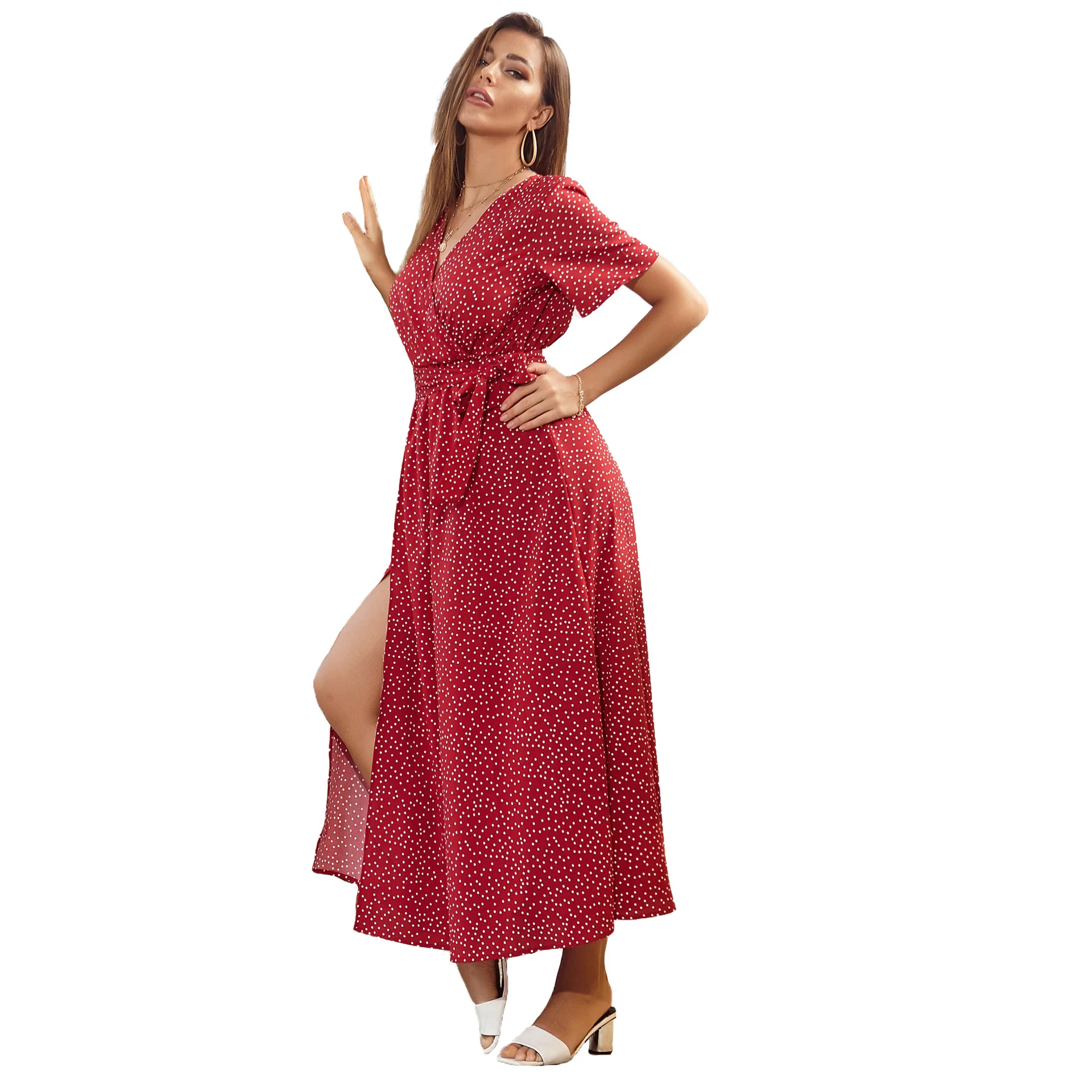 

2021 Summer New Style Long Skirt Printed V-neck Short-sleeved Slit Dress Women