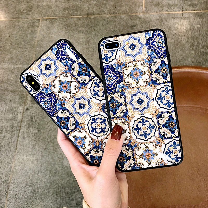

Ethnic Style Flower Gold Foil Phone Case For iphone XS Max Case 7 XR XS 8 7 6 6S Plus Retro geometry Pattern Soft TPU Back Cover