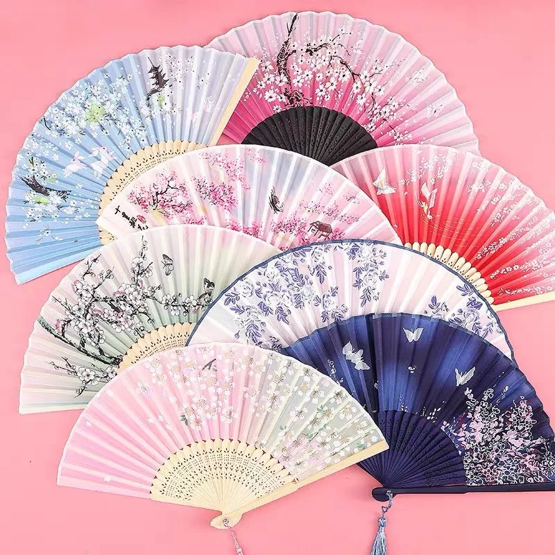 

Vintage Style Silk Hand Folding Hand Fan Dance Wood Bamboo Fan Chinese Japanese Fan Pattern Art Craft Gift Dance Fan