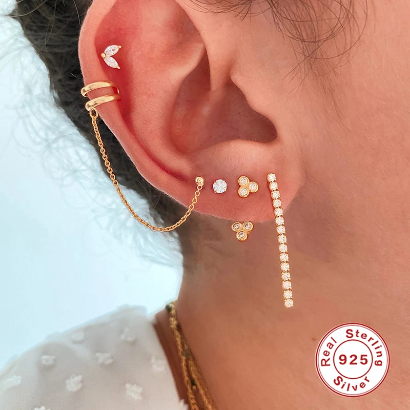 GS 925 Стерлинговое Серебро Циркон линия кисточкой серьги-гвоздики в виде пирсинга