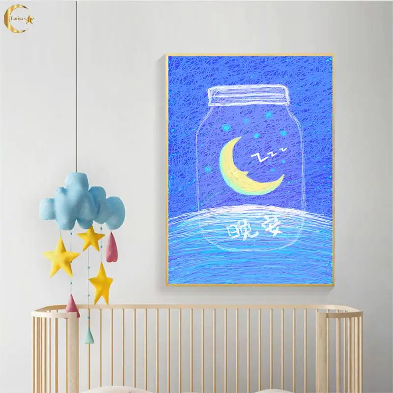 

Cartoon Star Moon Night Wall Art Canvas Painting Sea Dolphin Nordic Poster Prints Wall Pictures for Kids Boy Children Room Decor