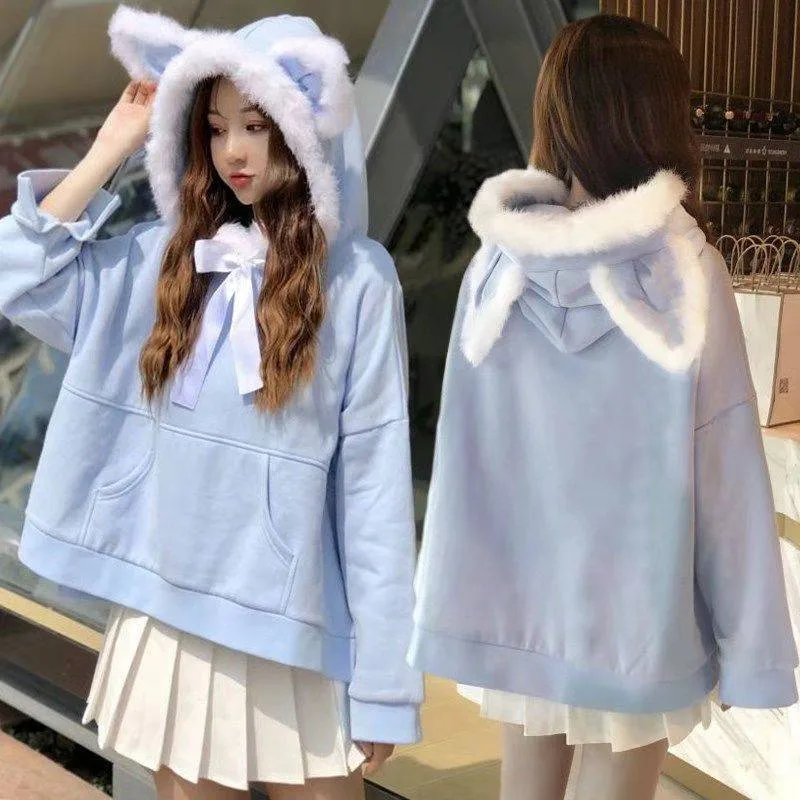 

Cute Ear Spring Women Hoodies Japanese Cat Girl Harajuku Sweatshirt Winter Female Tops Shirts Loose Kawaii Outwear Swearshirt