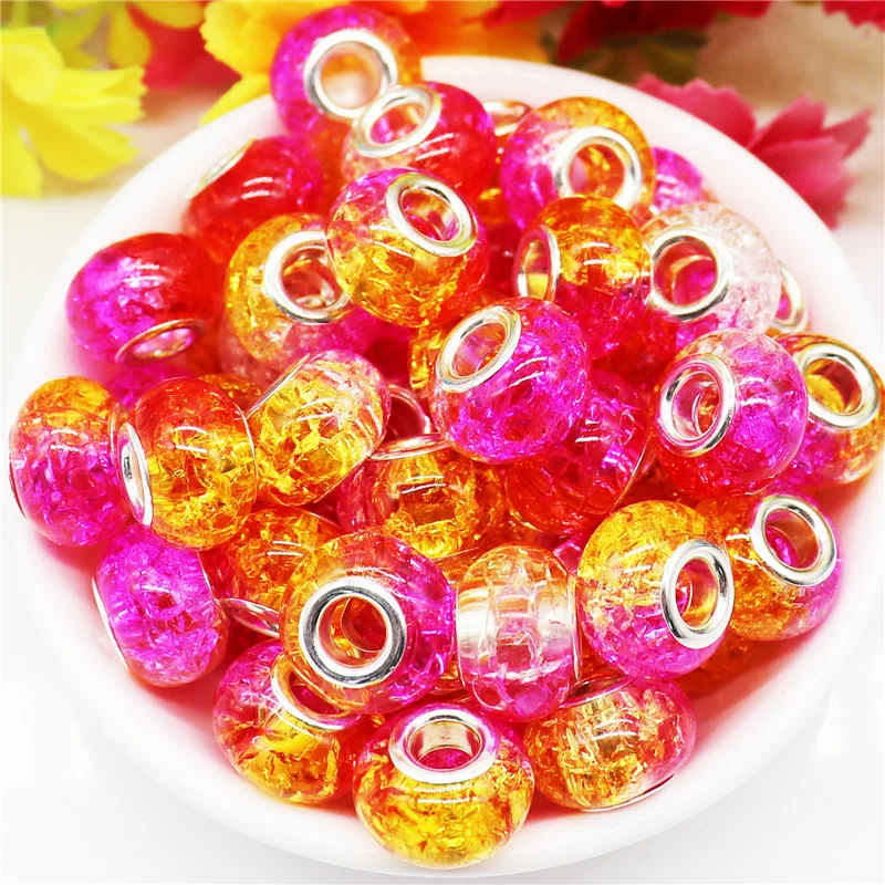 

10Pcs Crystal Crackle Large Hole Beads Rondelle Slide Charm Spacer with Metal Core for DIY Snake Chain European Bracelet Jewelry