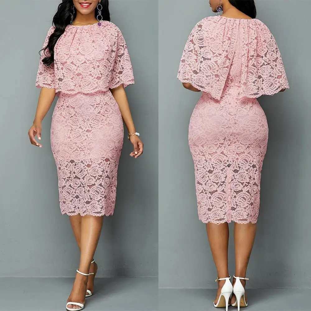 

Женское сексуальное облегающее платье миди с открытыми плечами, кружевное ажурное платье до колена с коротким рукавом и круглым вырезом, мо...