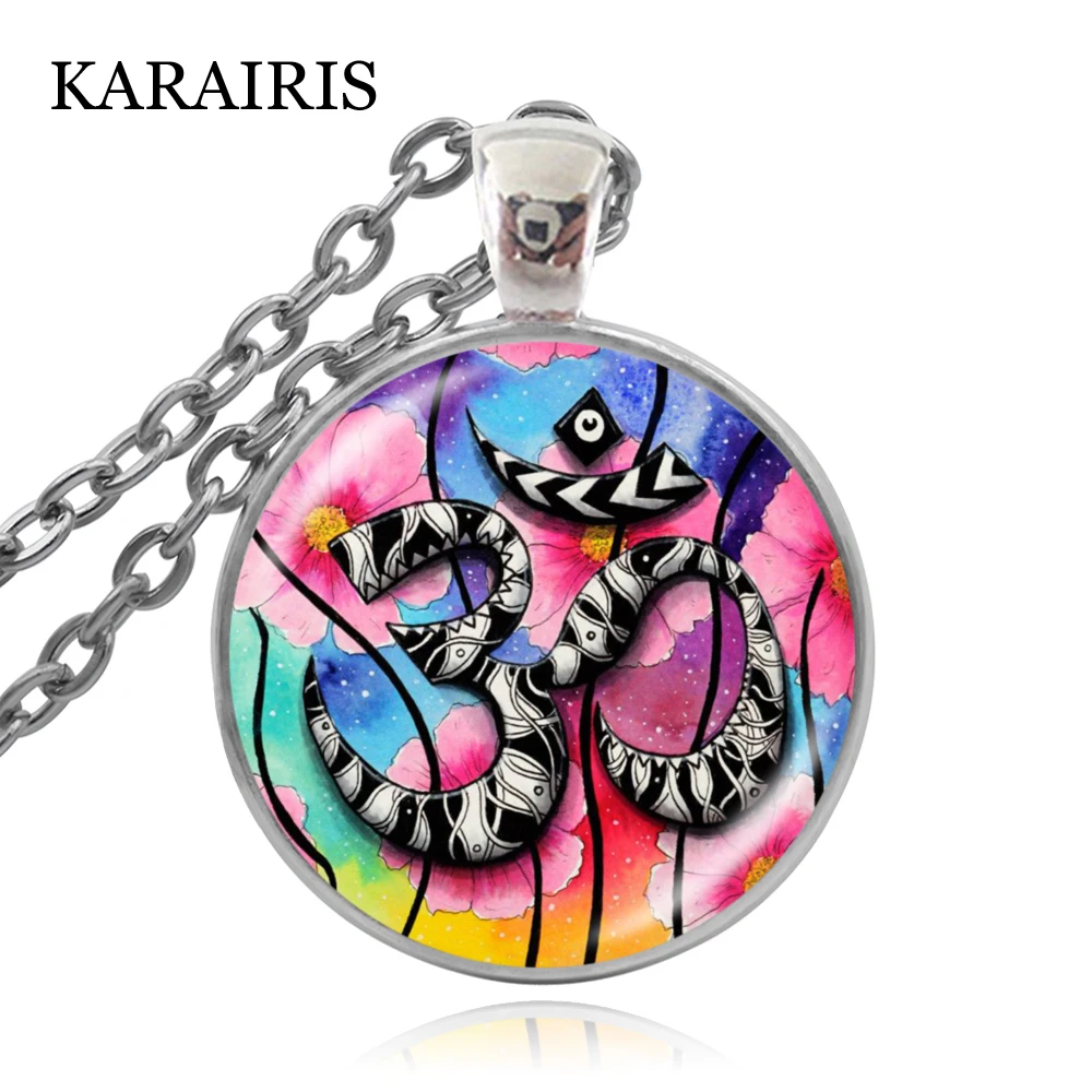 

KARAIRIS Om Pendant Necklace Jewelry Long Chain Chakra Pendant Glass Dome Yoga Neckless Women Man Jewellery