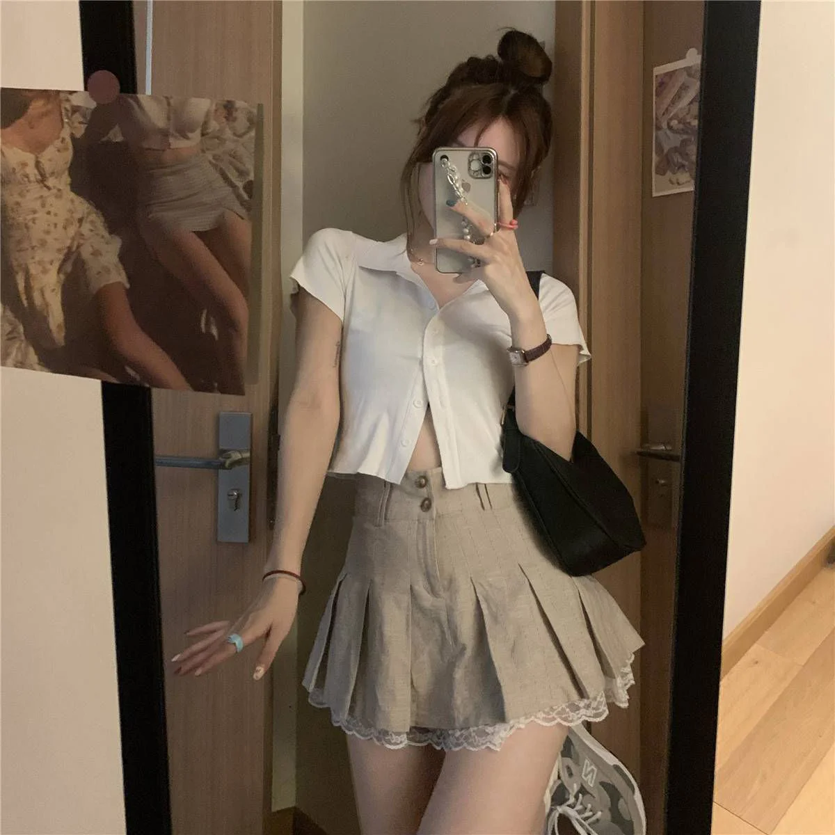 

Fashion solid color khaki lace skirt women summer Korean cute women's clothing high waist sexy college style pleated skirt women
