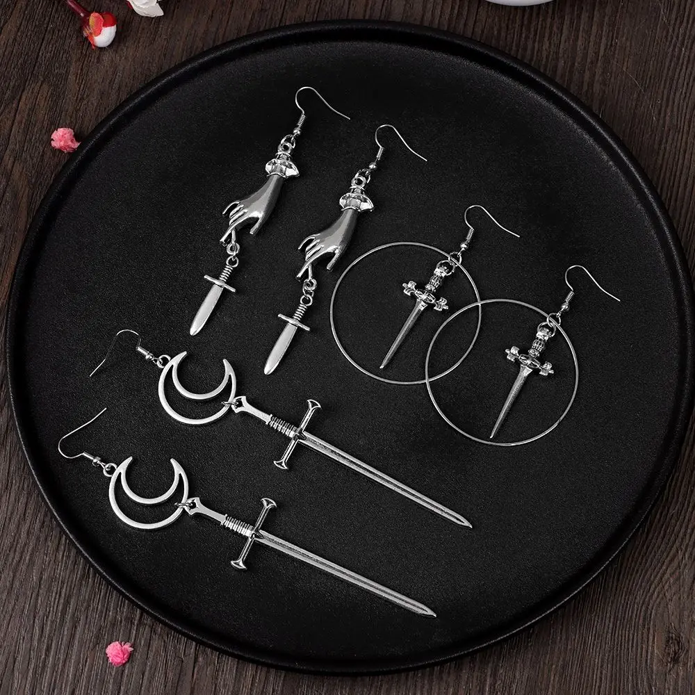 

1Pair Men and Women Punk Vintage Cool Hiphop Earrings Cross Eardrop Stud Earrings Gothic Dagger Sword