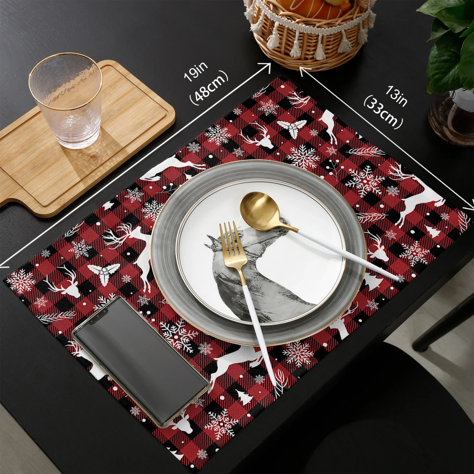 

Red Plaid Christmas Elk Table Runners and Placemats Set Hotel Wedding Table Decoration Table Runner Luxury