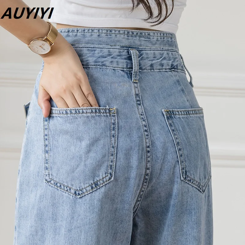 

AUYIYI Fashion High Waist Ripped Jeans Female Summer 2021 New Straight Casual Loose Ripped Pants Ins Tide Pants Thin Section