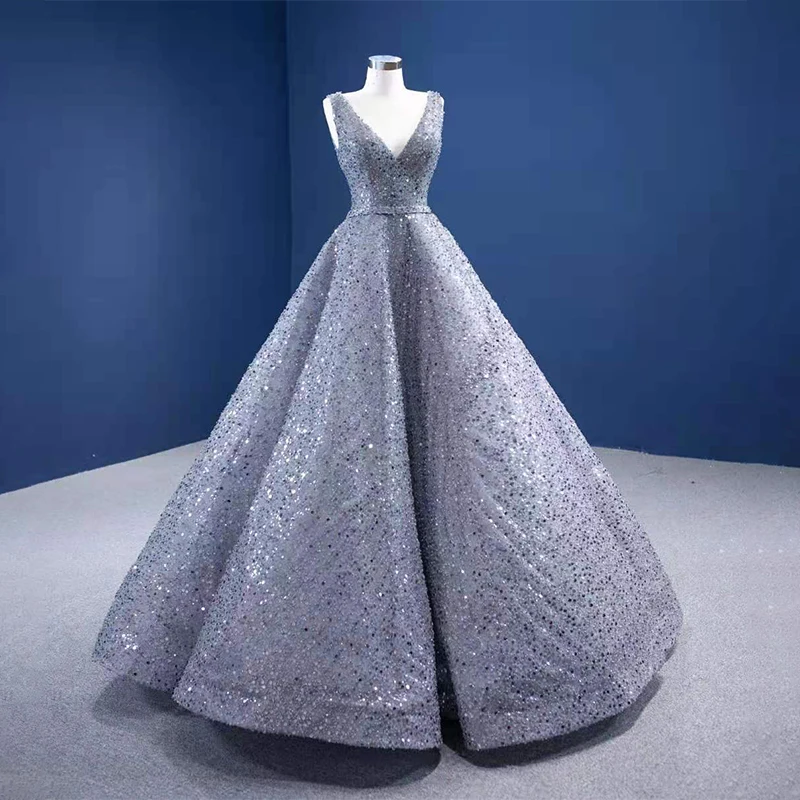 J67288 JANCEMBER Silver Gray V-neck Evening Dress Banquet Wedding Activity Frill Shiny Backless Gown robes de soirée