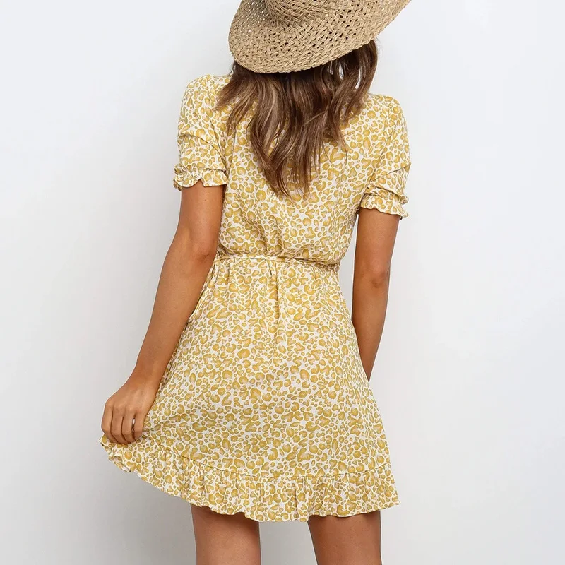 

Summer new casual printed V-neck slim slimming women short sleeve ruffled dress, women belt mini dress