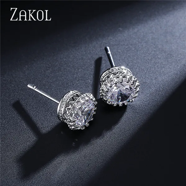 Sliver Color 8mm ZAKOL, модные ювелирные изделия, корона, женские классические блестящие циркониевые маленькие серьги-гвоздики, золотой цвет, шпильки для ушей для мужчин, серьги с кристаллами EP398 - Окраска металла: Sliver Color 8mm