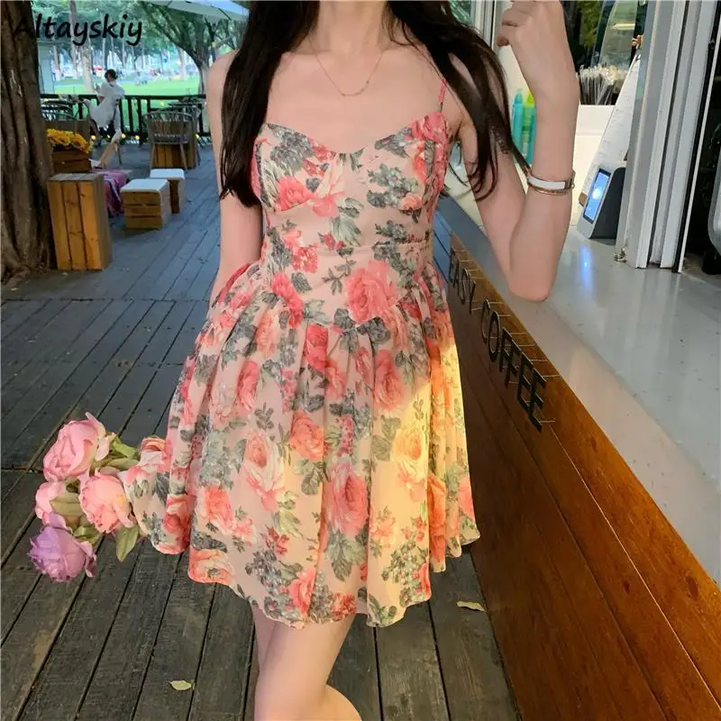 

Women Sleeveless Dresses Ruffles Pleated Slim Elegant Tender Retro Fairy Sweet Hot Temperament Mini Dress Mujer Stylish Floral