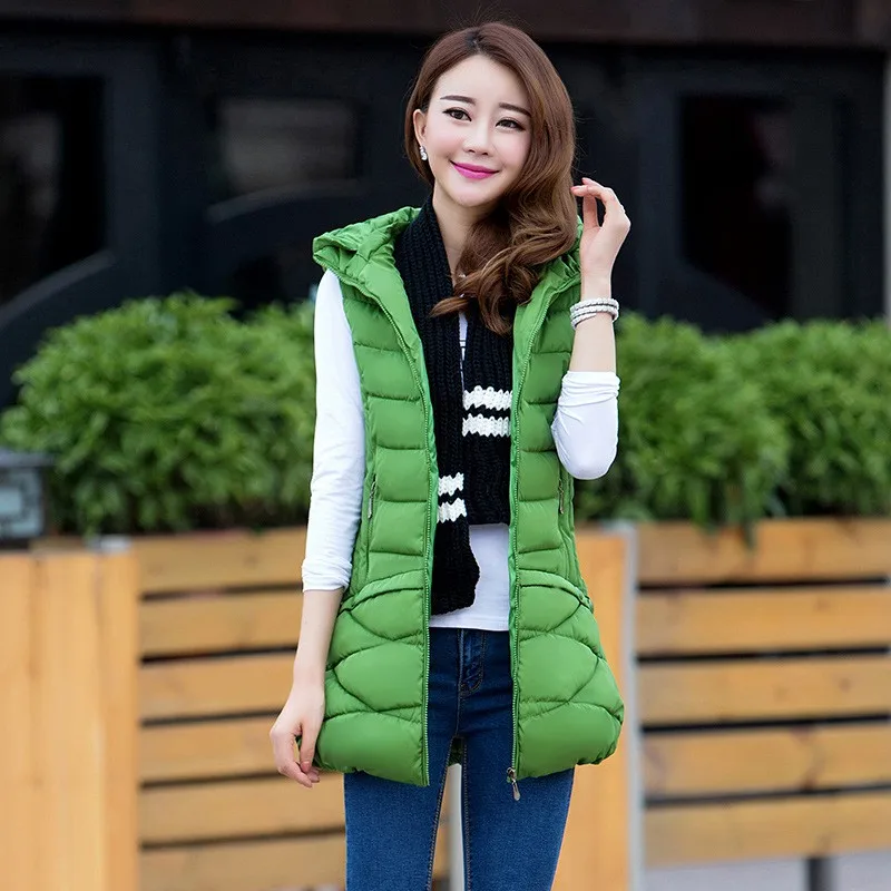 

Autumn Winter Women Cotton Parkas Vest With Hoody Lady Warm Waistcoat LF2175