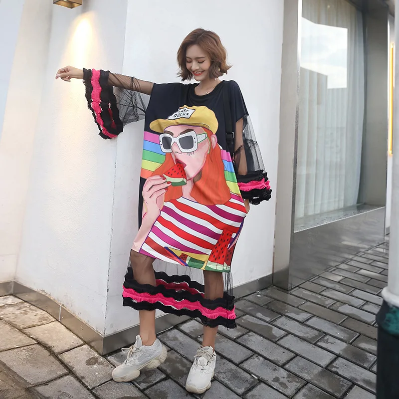 Женское Сетчатое платье с длинным рукавом черное мультяшным рисунком ulzzang в